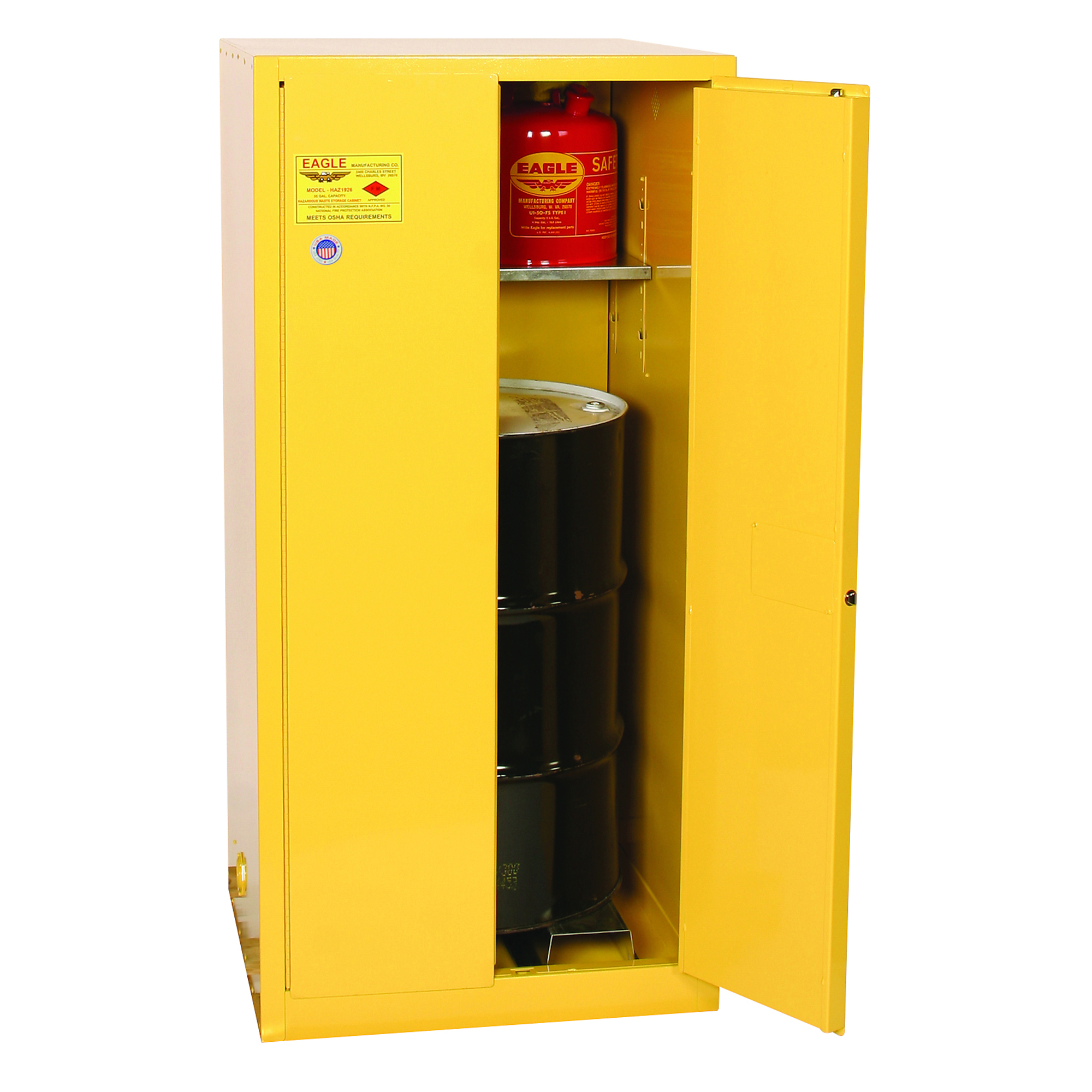 Eagle Vertical Drum Storage Safety Cabinet — 55-Gal., Manual-Close, 2-Door, 1 Shelf, Yellow, Model# 1926X